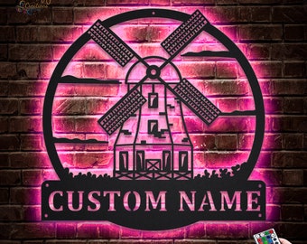 Windmill Metal Sign LED Lights v4, Custom Windmill Metal Sign, Windmill Neon Sign, Windmill Neon Metal Wall Decor, Dutch Windmill Art