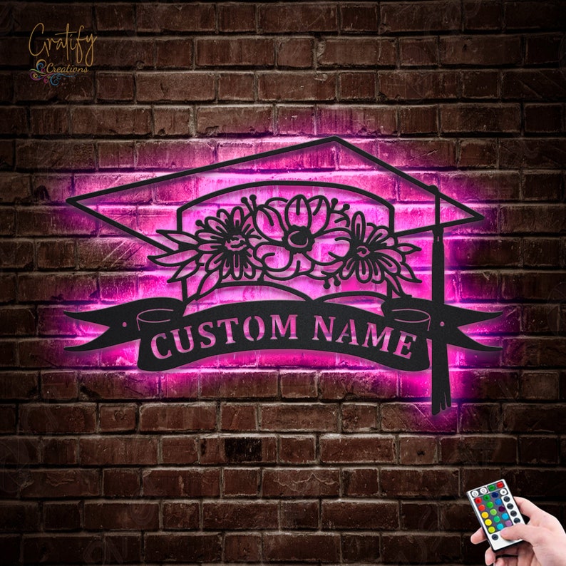 Led Wall Graduation Flower Graduation Cap Metal Wall Sign With LED Lights – Personalized ...