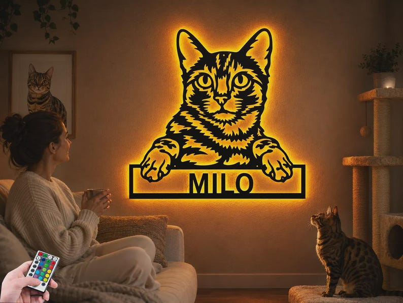 Custom Bengal Cat Metal Wall Art With LED Lights, Personalized Bengal Cat Metal Sign, Bengal Cat Wall Hanging For Decoration,Cat Metal Decor image 6