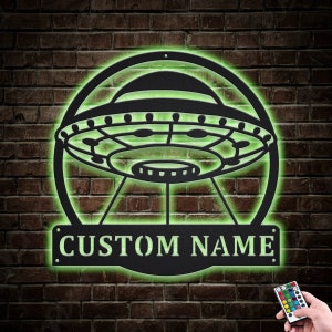UFOs Alien Metal Wall Art LED Lights v1, Custom UFO Metal Sign, Spaceship Neon Metal Wall Decor, Ufo Neon Wall Hanging