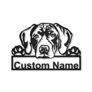 May include: Black metal silhouette of a dog peeking over a sign with the text "Custom Name".