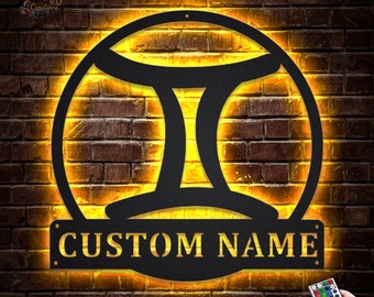 Luces LED de metal para el signo del zodiaco Géminis, signo de metal personalizado para el zodiaco Géminis, signo con nombre del zodiaco, decoración de pared de neón de metal para el horóscopo, colgante de pared para Géminis