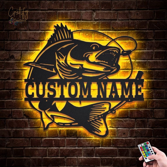 Custom Walleye Fishing Fish Pole Metal Sign With LED Lights