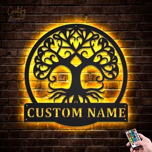 Roots Tree Family Metal Sign LED Lights v3, Custom Family Metal Signs, Tree Of Life Neon Metal Decor, Tree Of Life Wall Hanging