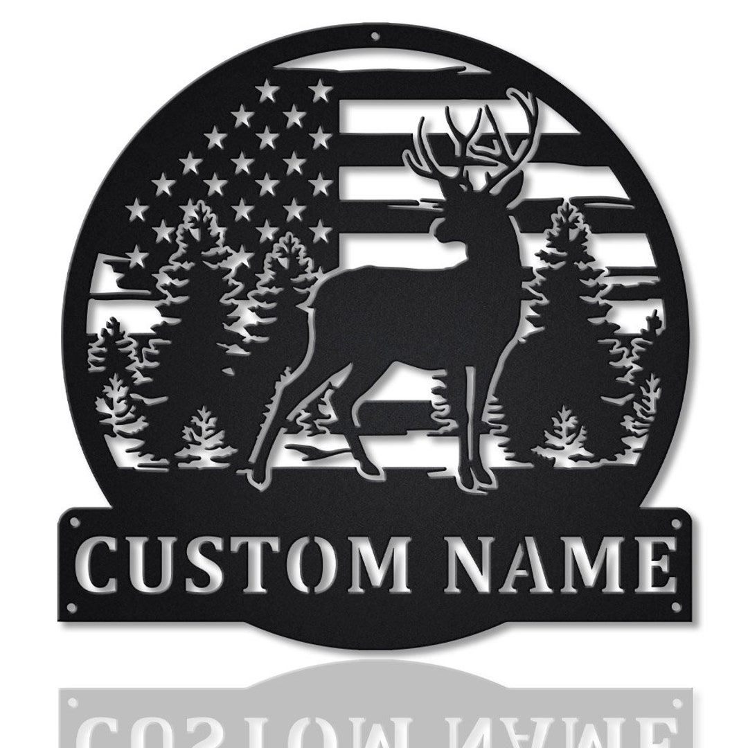 Custom USA Flag Deer Monogram Metal Sign Art, Personalized Deer Hunting