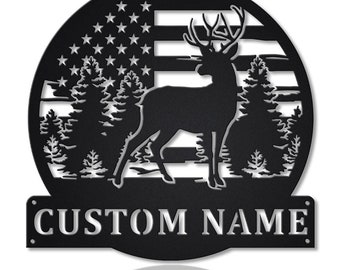 Custom USA Flag Deer Monogram Metal Sign Art, Personalized Deer Hunting Metal Signs, Deer Name Metal Wall Decor, Deer Wall Hanging