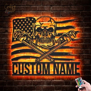 Personalized Skull Garage Metal Wall Art with LED Light - Custom Workshop Sign for Home Decor, Perfect for Car Mechanics, Repairs