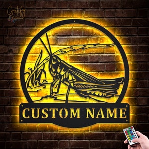 Letrero de metal con forma de saltamontes personalizado con luces LED, letrero de metal con forma de saltamontes personalizado, decoración de pared con forma de saltamontes