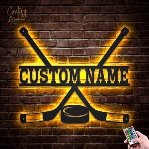 Lumières LED d&#39;art mural en métal personnalisées de bâton de hockey, enseignes en métal de hockey personnalisées, décoration murale en métal en métal de joueur de hockey, enseigne au néon de bâton de hockey