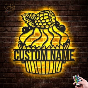 Cupcake Metal Wall Art LED Lights v5, Custom Cupcake Metal Sign, Cupcake Bakery Neon Metal Wall Decor,Bakery Kitchen Wall Hanging