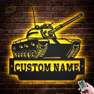 Custom US Military Tank Metal Sign With LED Lights v2, Personalized US Military Tank Metal Signs, Military Tank Wall Hanging For Decoration