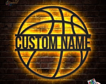 Custom Basketball Monogram Metal Sign With LED Lights , Personalized Basketball Metal Wall Art LED RGB, Basketball Neon Metal Wall Decor