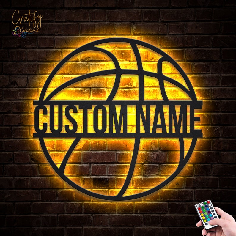 Custom Basketball Monogram Metal Sign With LED Lights , Personalized Basketball Metal Wall Art LED RGB, Basketball Neon Metal Wall Decor