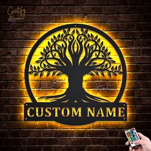 Roots Tree familie metalen bord ledverlichting v4, aangepaste familie metalen borden, levensboom neon metalen decor, levensboom muur hangen