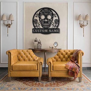 Custom Sugar Skull Metal Sign | Personalized Monogram Skull Wall Art image 6