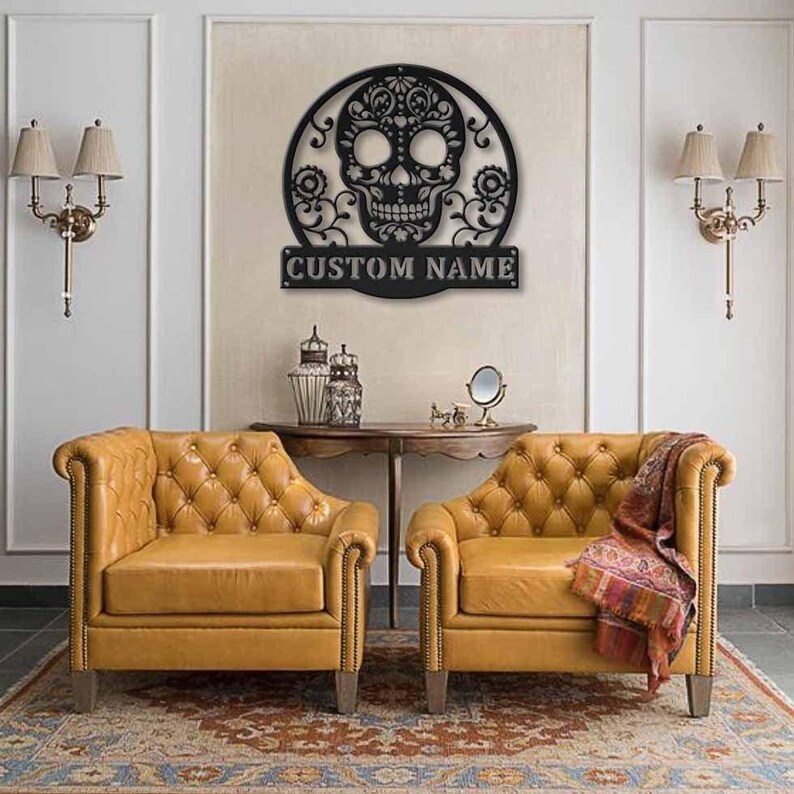 Custom Sugar Skull Metal Sign | Personalized Monogram Skull Wall Art image 6