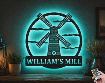 Windmill Metal Sign LED Lights v1, Custom Windmill Metal Sign, Windmill Neon Sign, Windmill Neon Metal Wall Decor, Dutch Windmill Art
