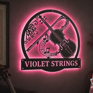 Letrero de pared metálico LED personalizado con forma de viola, decoración para estudio de música con cambio de color RGB, regalo para músicos de cuerda imagen 8