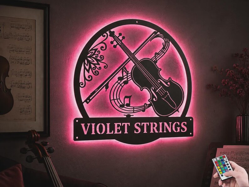 Letrero de pared metálico LED personalizado con forma de viola, decoración para estudio de música con cambio de color RGB, regalo para músicos de cuerda imagen 8