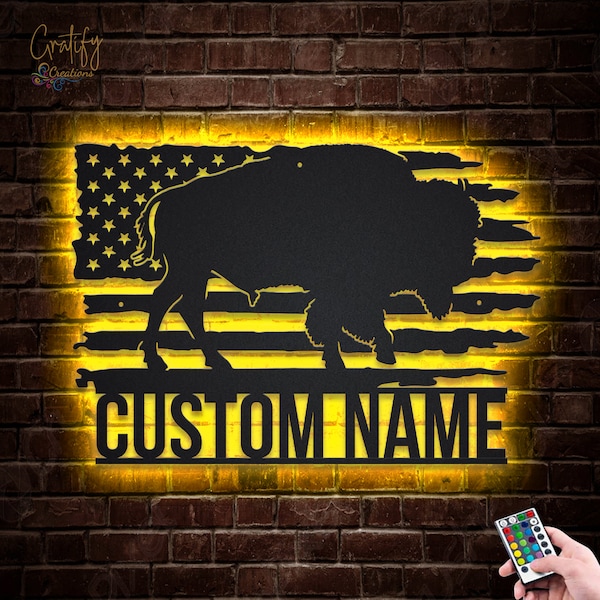 US Buffalo Metal Wall Art LED Lights V1, Custom Buffalo Animal Metal Signs, Buffalo Animal Neon Sign Metal Wall Decor, Buffalo Neon Sign