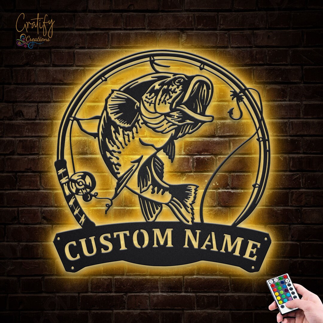 Custom Largemouth Bass Fish Pole Metal Wall Art With LED Lights