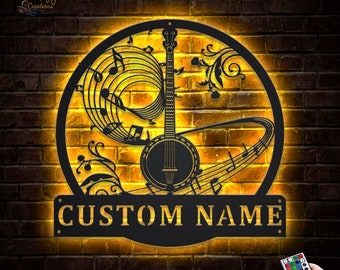 Custom Banjo Music Monogram Metal Sign With LED Lights, Personalized Banjo  Music Metal Sign, Music Studio Sign, Banjo Artist Name