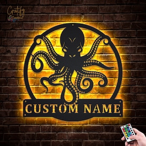 Octopus Monogram Metal Sign With LED Lights, Custom Octopus Metal Signs, Octopus Metal Wall Decor, Octopus Wall Hanging For Decoration