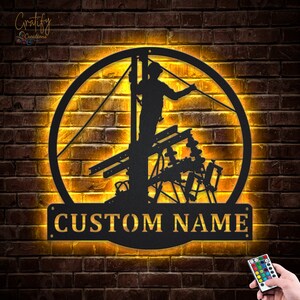 Lineman Metal Sign LED Lights v5, Custom Lineman Metal Sign, Lineman Neon Sign, LineWork Neon Wall Decor, Lineman Wall Hanging