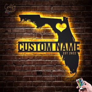 Metalen bord staat Florida kaart met led-verlichting, aangepaste metalen kaart staat Florida metalen muurkunst Born in Florida staat neonbord wanddecoratie, neon staat