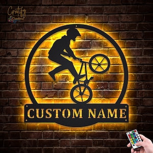 BMX Biker Metal Wall Art LED Lights v3, Custom BMX Cycle Sport Metal Sign, Biker Neon Sign Metal Wall Decor, Sport Metal Wall Hanging