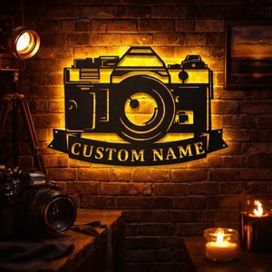 Custom Photographer Metal Sign With LED Lights, Photographer Metal Sign, Photography Metal Wall Decor, Camera Wall Hanging