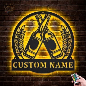 Man Cave Beer Pub Decor - Unique Metal Wall Art with LED | Customized Beer Mug LED Wall Sign - Alcohol Drink Home Decor