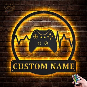Game Controller Metal Sign LED Lights v1, Custom Gamer Metal Sign, Game Controller Metal Wall Decor, Game Controller Neon Decor