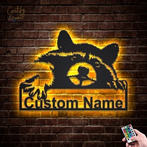 Custom Raccoon Metal Sign With LED Lights v1, Personalized Raccoon Metal Sign, Raccoon Head Wall Decor, Raccoon Face Home Decoration
