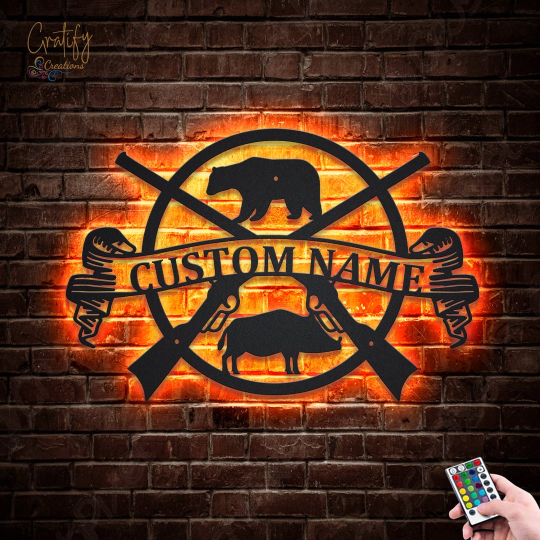 Custom Bear Vs Wild Boar Hunting Metal Wall Art LED RGB Personalized ...