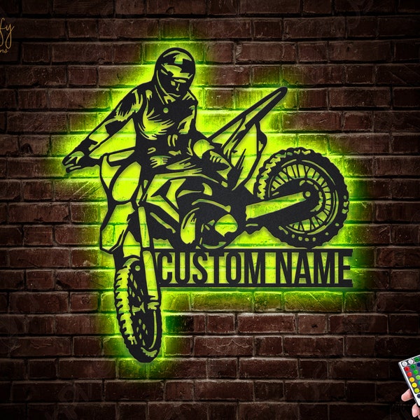 Motorcycle Dirt Bike Metal Wall Art LED Lights, Dirt Bike Metal Wall Decor, Perfect Motocross Rider Home Decor Ideal Boy Birthday Biker Gift