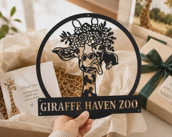 Giraffe Monogram Metal Sign Art, Custom Giraffe Metal Sign, Giraffe Animal Metal Wall Decor,Giraffe Wall Hanging For Decoration