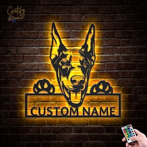 Doberman Dog Metal Sign With LED Lights | Custom Doberman Dog Metal Wall Art Sign | Hobbie Gifts | Birthday Gift | Doberman Sign