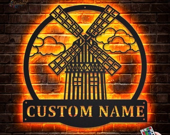 Windmill Metal Sign LED Lights v3, Custom Windmill Metal Sign, Windmill Neon Sign, Windmill Neon Metal Wall Decor, Dutch Windmill Art