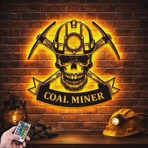 Skull Mining Metal Wall Art LED Lights, Custom Skull Mining Metal Signs, Skull Mining Neon Metal Wall Decor, Miner Wall Hanging