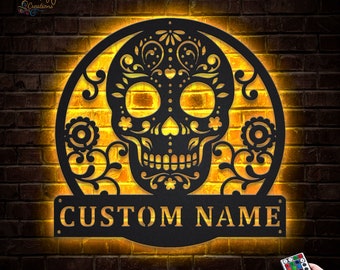 Custom Sugar Skull Metal Sign With LED Lights, Personalized Sugar Skull Metal Sign, Skull Name Sign, Skull Wall Hanging For Decoration