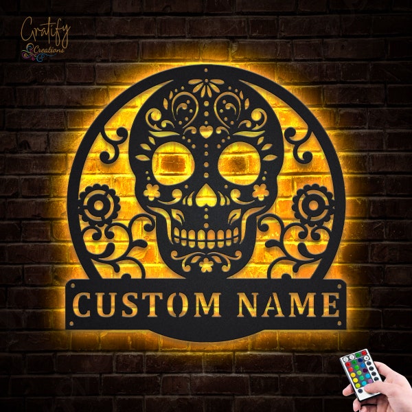 Custom Sugar Skull Metal Sign With LED Lights, Personalized Sugar Skull Metal Sign, Skull Name Sign, Skull Wall Hanging For Decoration