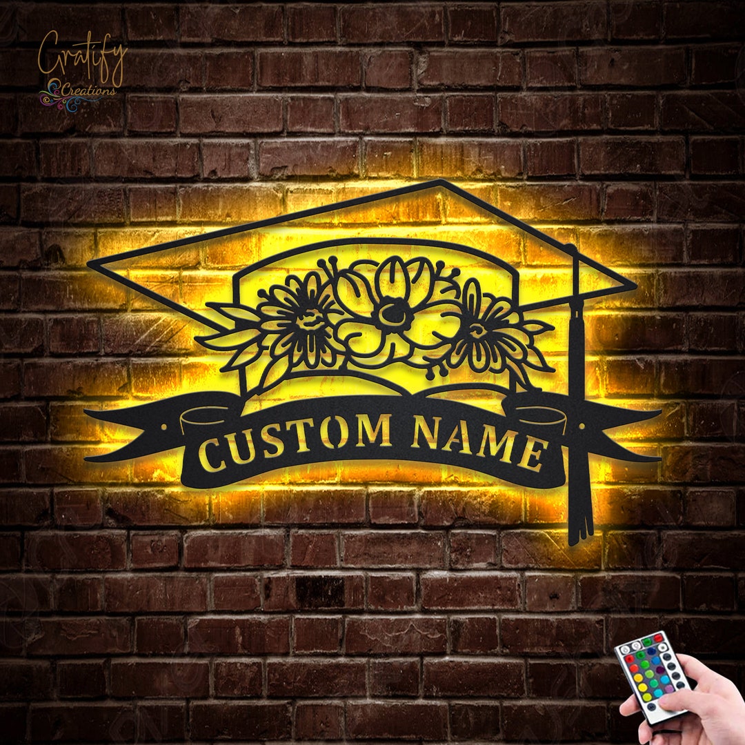 Flower Graduation Cap Metal Wall Sign With LED Lights – Personalized ...