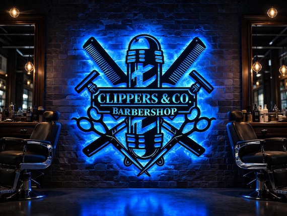 Custom Barber Shop Metal Sign With LED Lights | Personalized