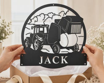 Personalized Farm Tractor Metal Sign | Custom Round Baler Farmer Wall Decor