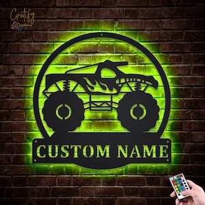Monster Truck Metal Sign LED Lights v6, Custom Monster Truck Metal Sign, Truck Neon Metal Wall Decor, Monster Truck Wall Hanging Decoration