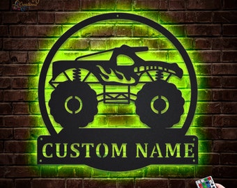Custom Monster Truck Metal Wall Sign with LED Lights – Personalized Decor