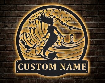 Personalized Mermaid LED Metal Wall Sign, RGB Color Changing Home Decor, Ocean Theme Art, Mermaid Lover Gift