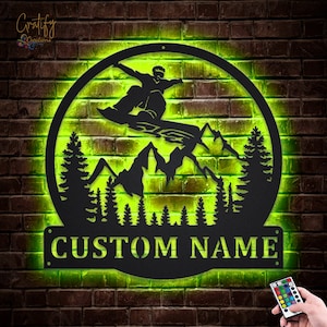 Skiing Metal Sign LED Lights v6, Custom Snow Skiing Metal Sign, Snow Skiing Neon Metal Decor, Skier Wall Hanging For Decoration
