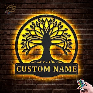 Roots Tree familie metalen bord ledverlichting v5, aangepaste familie metalen borden, levensboom neon metalen decor, levensboom muur hangen